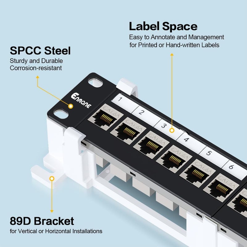 Enmane 12 Port Patch Panel CAT6a Patch Panel (EC Listed) Wall Mount 10 Inch Bracket Included for Cat6, Cat5e, Cat5 Cabling (1U CAT6a) - Image 2